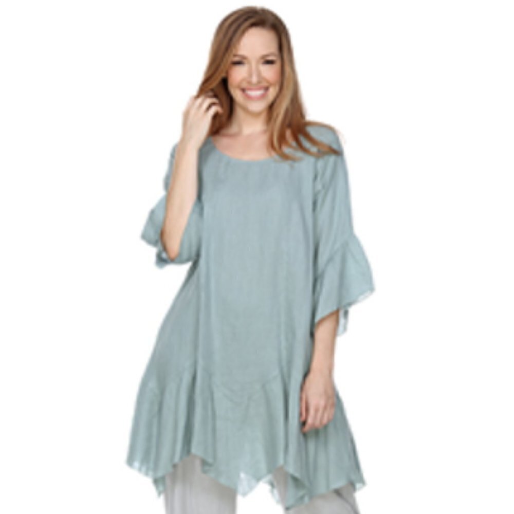 Match Point USA Lagenlook Linen Ruffle Tunic Coral Asymmetrical